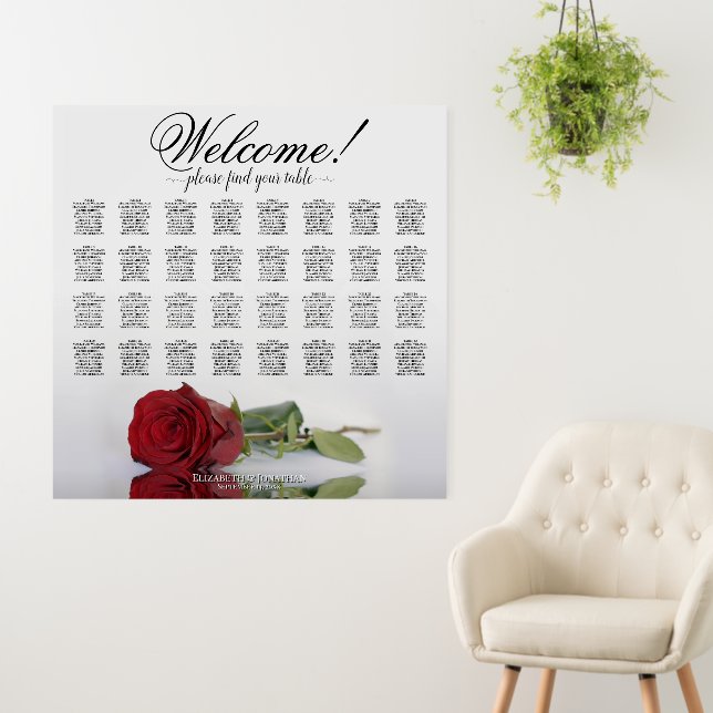 Welcome! Elegant Red Rose 32 Table Seating Chart Foam Board (In Situ (Wall))