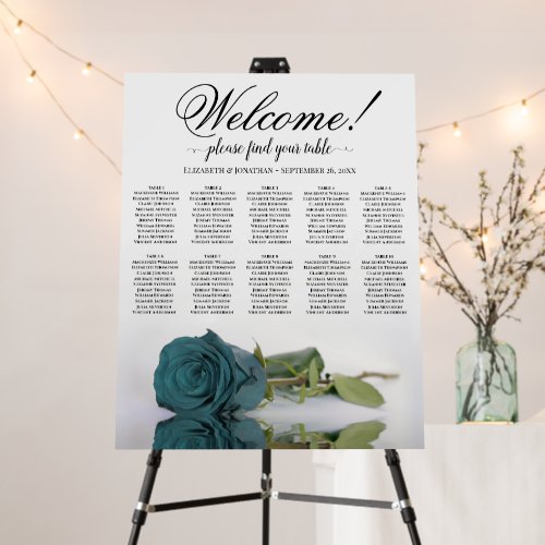 Welcome! Elegant Teal Rose 10 Table Seating Chart Foam Board
