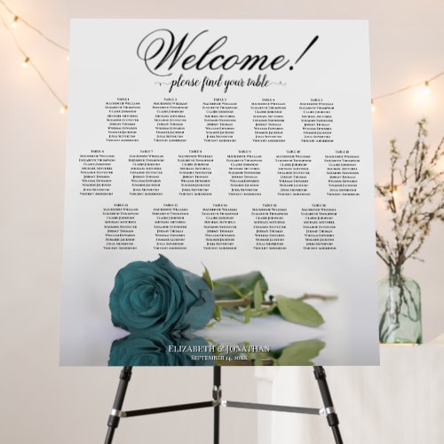 Welcome Elegant Teal Rose 16 Table Seating Chart Foam Board