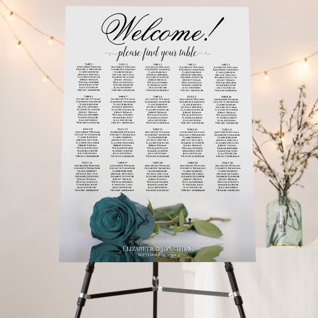 Welcome! Elegant Teal Rose 20 Table Seating Chart Foam Board (In Situ (Stand))
