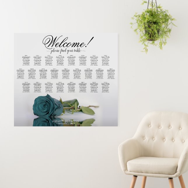 Welcome! Elegant Teal Rose 25 Table Seating Chart Foam Board (In Situ (Wall))