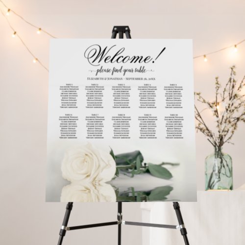 Welcome Elegant White Rose 10 Table Seating Chart Foam Board