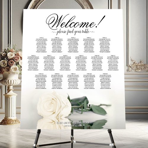Welcome Elegant White Rose 16 Table Seating Chart Foam Board