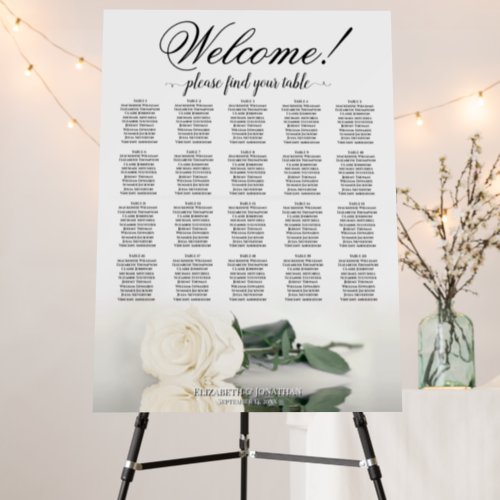 Welcome Elegant White Rose 20 Table Seating Chart Foam Board
