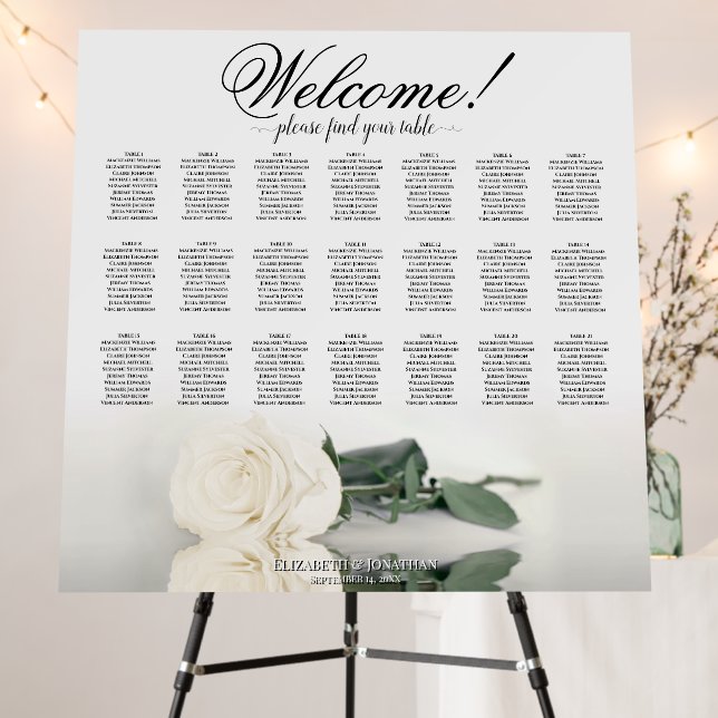 Welcome! Elegant White Rose 21 Table Seating Chart Foam Board (In Situ (Stand))