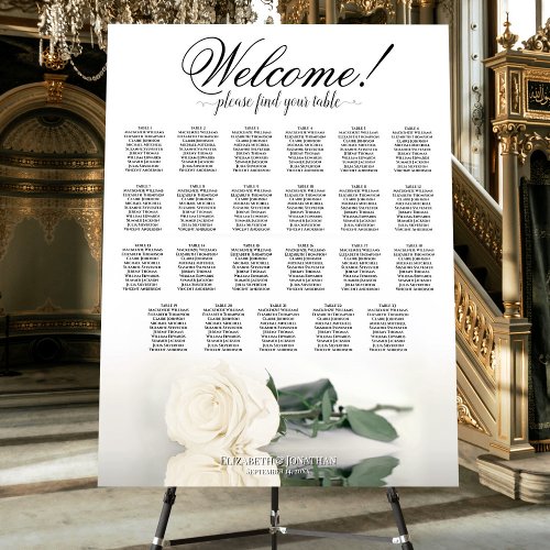 Welcome Elegant White Rose 23 Table Seating Chart Foam Board