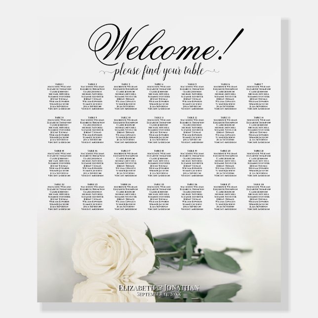 Welcome! Elegant White Rose 28 Table Seating Chart Foam Board (Front)