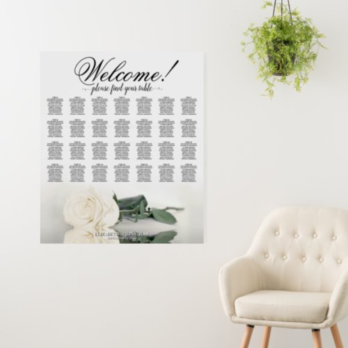 Welcome Elegant White Rose 28 Table Seating Chart Foam Board