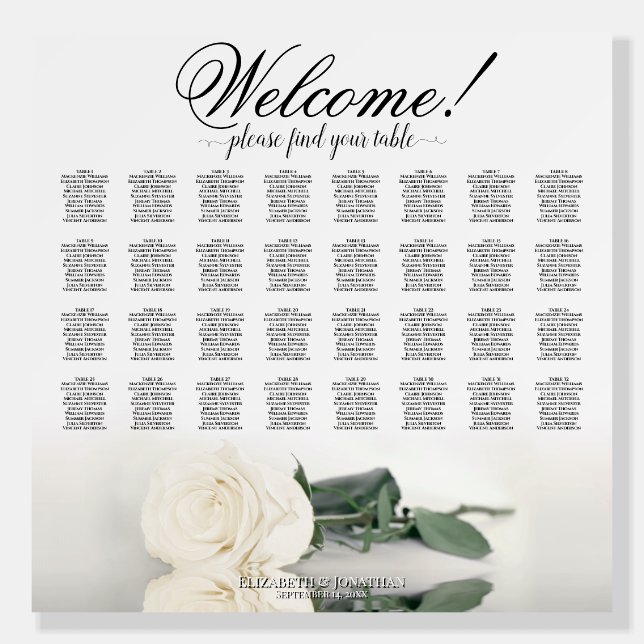Welcome! Elegant White Rose 32 Table Seating Chart Foam Board (Front)