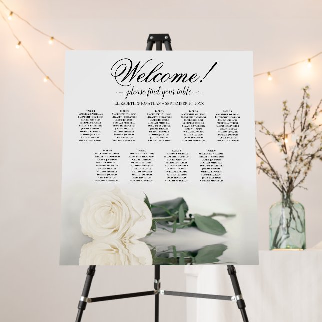Welcome! Elegant White Rose 9 Table Seating Chart Foam Board (In Situ (Stand))