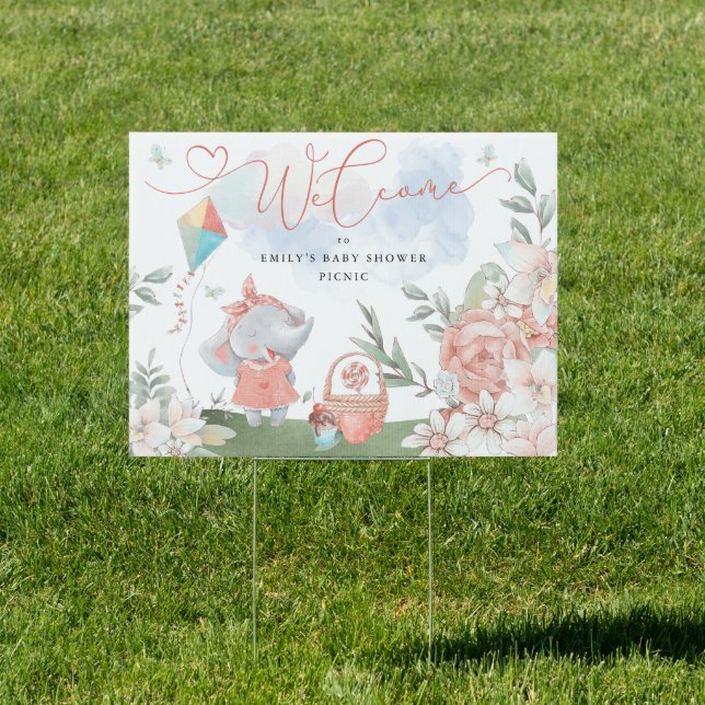 Welcome Elephant Girl Baby Shower Picnic Sign (Insitu)