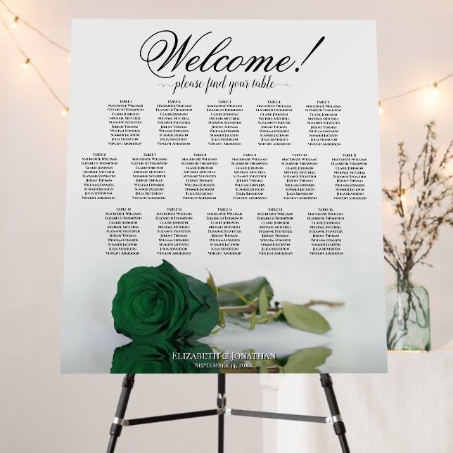 Welcome! Emerald Green Rose 16 Table Seating Chart Foam Board (In Situ (Stand))