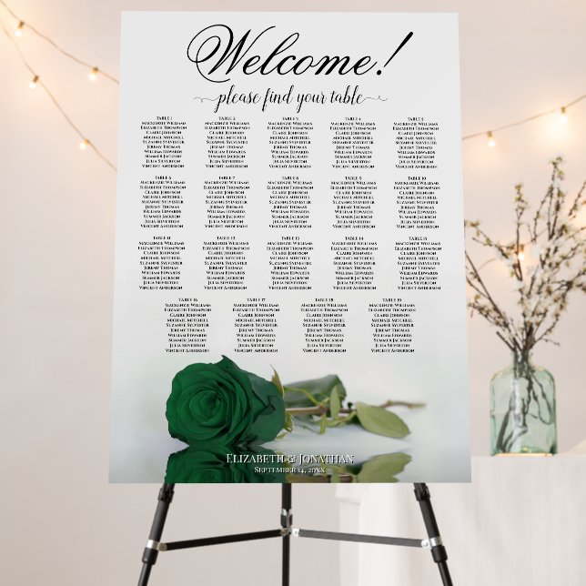 Welcome! Emerald Green Rose 19 Table Seating Chart Foam Board (In Situ (Stand))