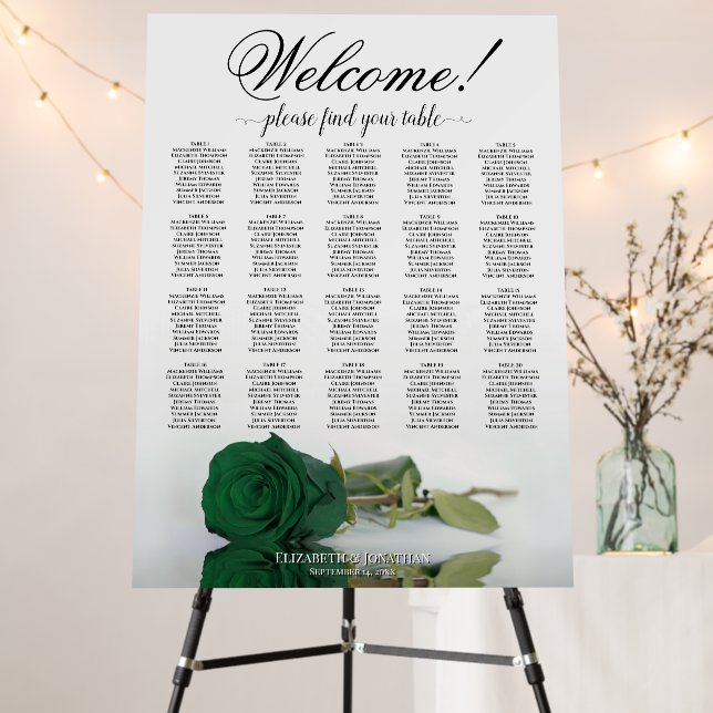 Welcome! Emerald Green Rose 20 Table Seating Chart Foam Board (In Situ (Stand))