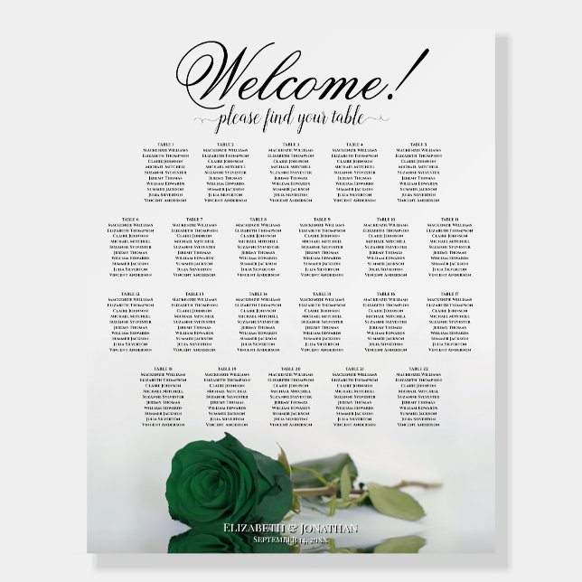 Welcome! Emerald Green Rose 22 Table Seating Chart Foam Board (Front)