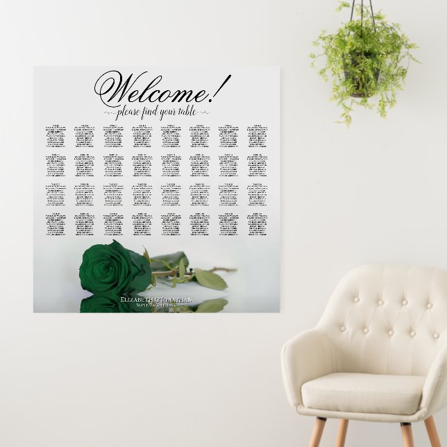 Welcome! Emerald Green Rose 32 Table Seating Chart Foam Board (In Situ (Wall))