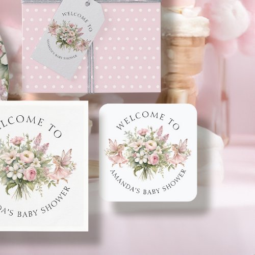 Welcome Enchanted Fairy Floral Baby Girl Shower Square Paper Coaster
