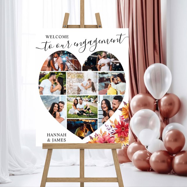 Welcome Engagement Script Heart Shape 9 Photo Foam Board (Engagement Party Welcome Sign with Photo Collage in Heart Shape and Fall Flowers)