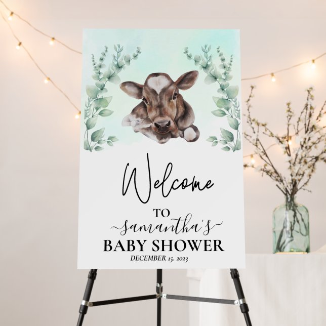 Welcome Eucalyptus  Cow Calf Baby Shower  Foam Board (In Situ (Stand))
