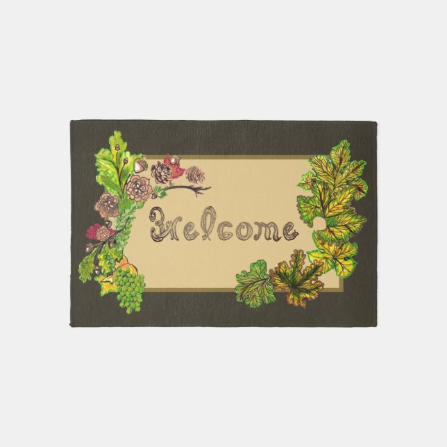 Welcome Fabric Font Grape Leaves Spray Doormat Rug (Front)