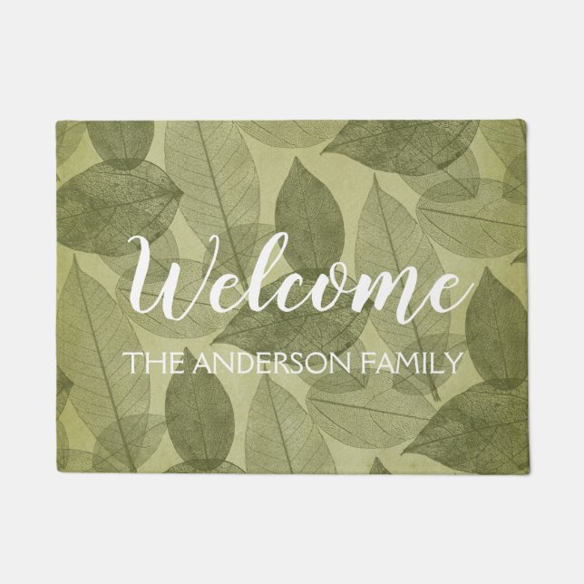 Welcome Fall Autumn Green Foil Leaves Doormat (Front)