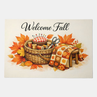 Welcome Fall Autumn Quilt and Sewing Basket Doormat