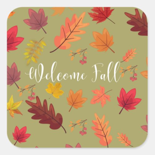 Welcome Fall Beautiful Orange Red Autumn Leaves  Square Sticker