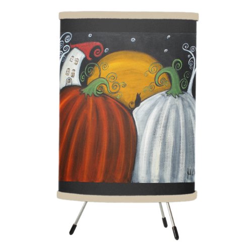 Welcome Fall Black Cat and Pumpkins Whimsical Art Tripod Lamp