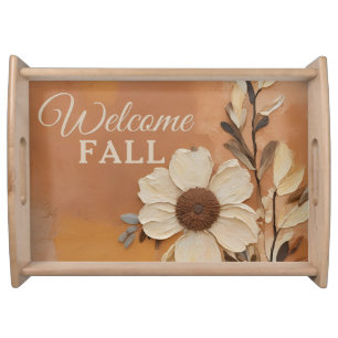 Welcome Fall Decor Burnt Orange Tan Brown Floral Serving Tray
