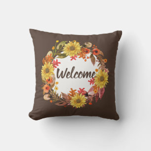 Welcome Fall Flower and Leaves Wreath Outdoor Pillow