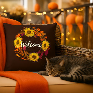 Welcome Fall Flower and Leaves Wreath  Outdoor Pillow
