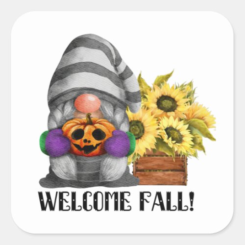 Welcome FAll_ Funny Gnome with Sunflowers  Square Sticker