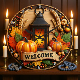 Welcome Fall Lantern  Large Clock