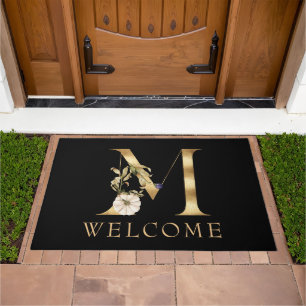 WELCOME Fall Monogram M with Pumpkins Doormat