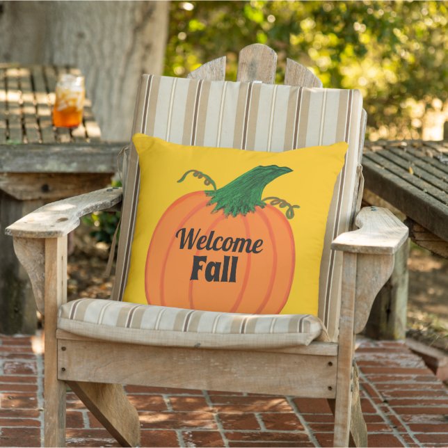 Welcome Fall Orange Pumpkin Family NAME  Outdoor Pillow (Chair)