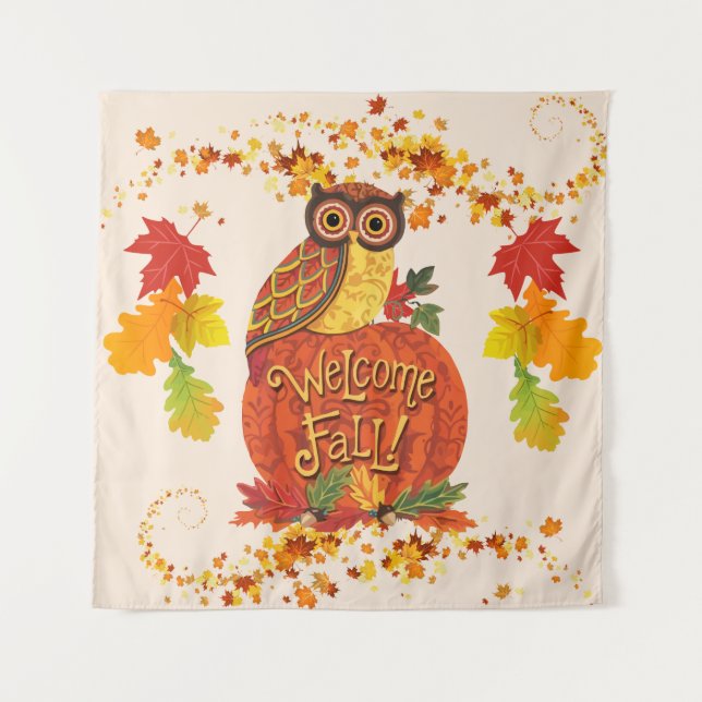 Welcome Fall Owl Autumn Leaves Selfie Backdrop (Front)
