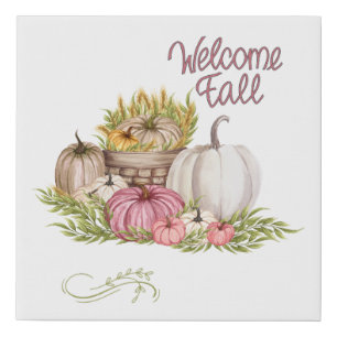 Welcome Fall Pumpkins Flowers  Faux Canvas Print