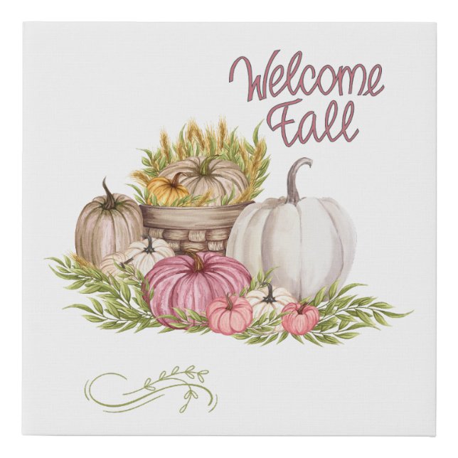 Welcome Fall Pumpkins Flowers  Faux Canvas Print (Front)