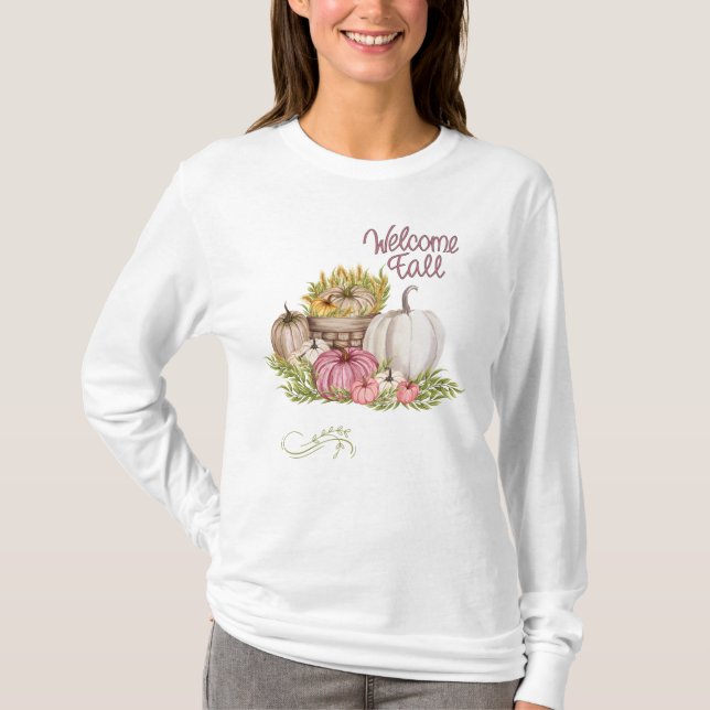 Welcome Fall Pumpkins Flowers  T-Shirt (Front)