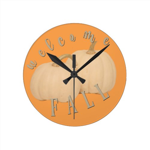 Welcome Fall Rustic White Pumpkins Round Clock