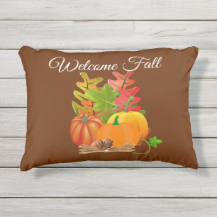 Welcome Fall Season Orange Pumpkin on Brown Outdoor Pillow
