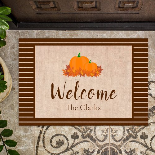 Welcome Fall Striped Family Last Name Pumpkin Doormat