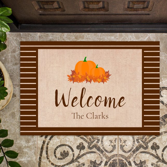 Welcome Fall Striped Family Last Name Pumpkin Doormat (Creator Uploaded)