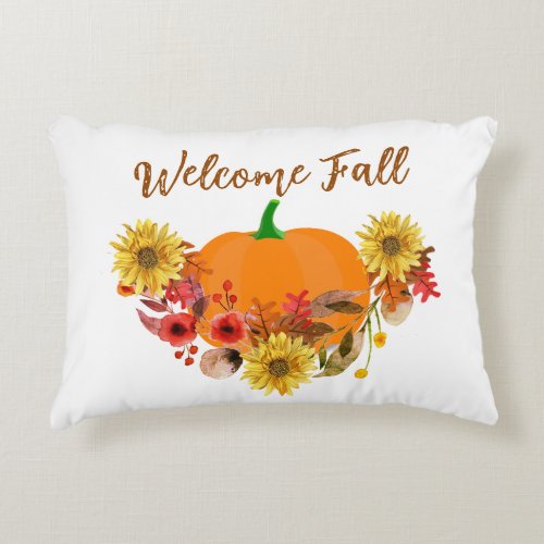 Welcome Fall Watercolor Flowers Pumpkin Seasonal  Accent Pillow