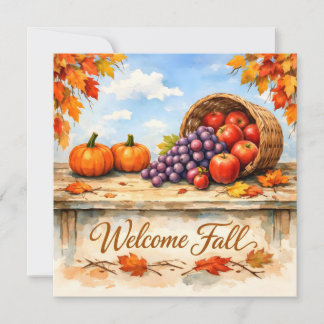 Welcome Fall Watercolor Fruit Basket and Pumpkins Card