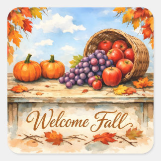 Welcome Fall Watercolor Fruit Basket and Pumpkins Square Sticker