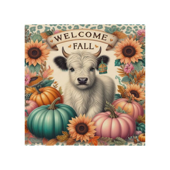 Welcome Fall With A Cute Cow Among Pumpkins  Wood Wall Art (Front)