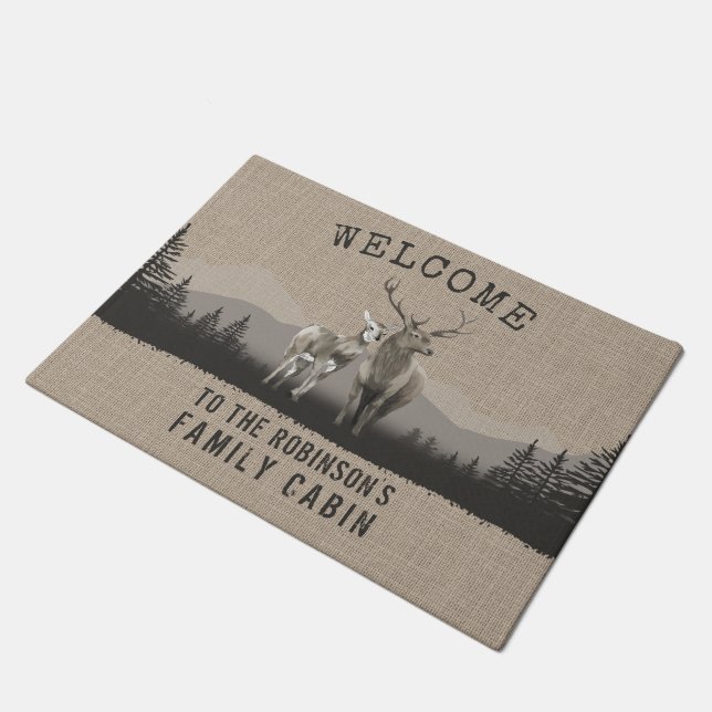 Welcome Family Cabin Deer Pine Tree Forest Burlap Doormat (Angled)