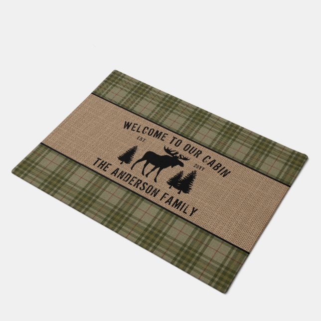 Welcome Family Cabin Moose Pine Green Plaid Burlap Doormat (Angled)