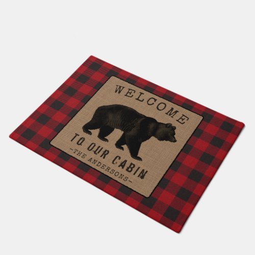 Welcome Family Cabin Rustic Bear Red Buffalo Plaid Doormat